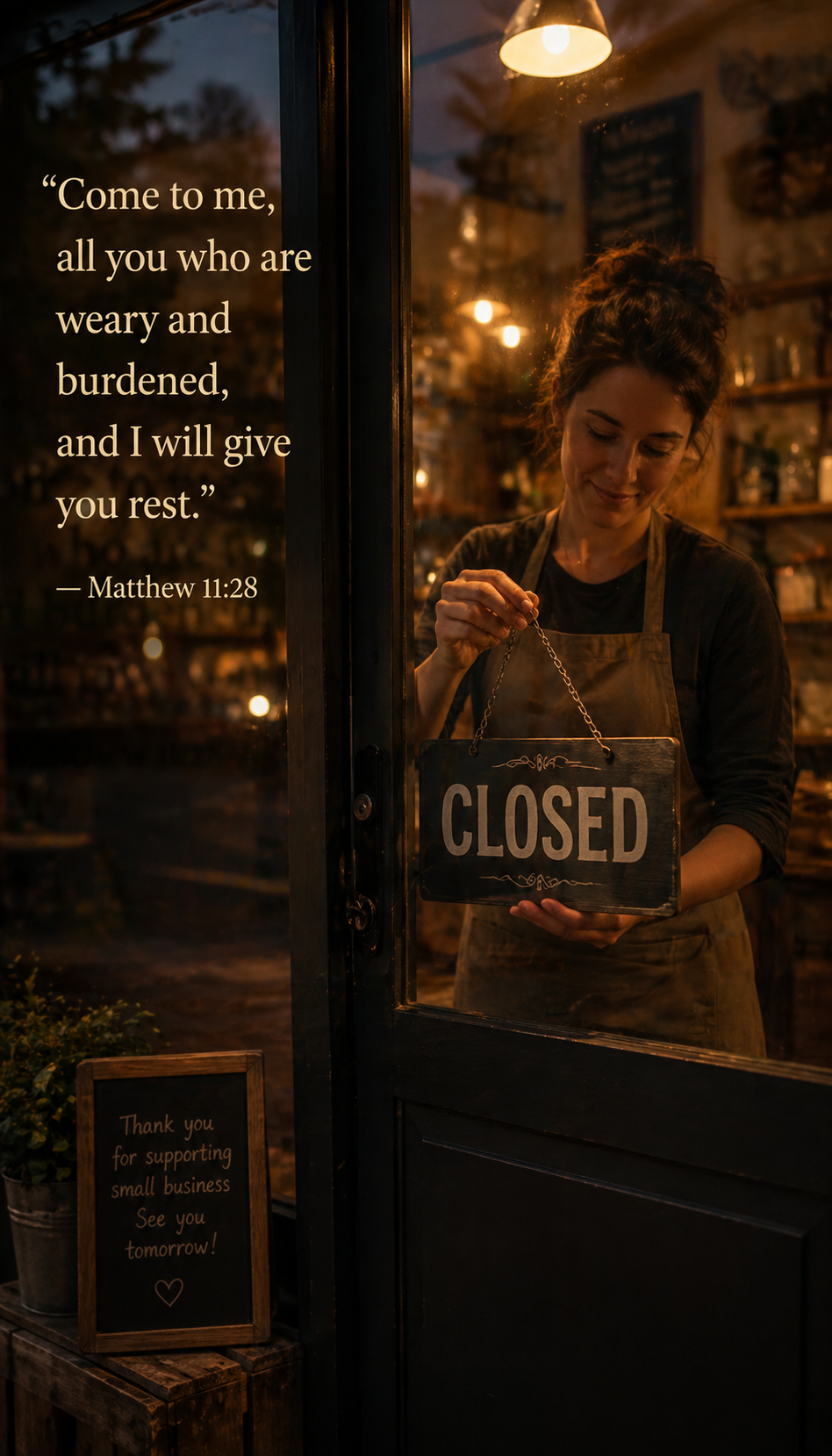 CLOSED sign being hung on shop door from inside, late evening warm interior glow, worker choosing rest, text Come to me all who are weary Matthew 11:28 -- vertical HD wallpaper
